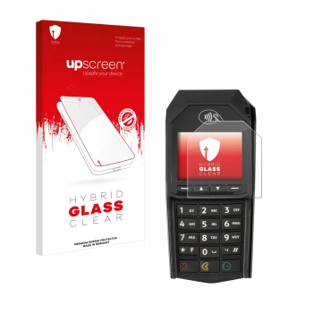 Parte frontale di una confezione del prodotto con il logo del marchio upscreen. Accanto è raffigurato il dispositivo ingenico 