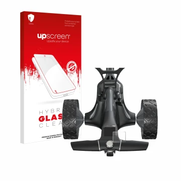 Parte frontale di una confezione del prodotto con il logo del marchio upscreen. Accanto è raffigurato il dispositivo Motocaddy