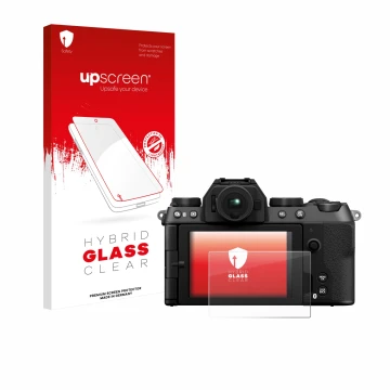 Parte frontale di una confezione del prodotto con il logo del marchio upscreen. Accanto è raffigurato il dispositivo Fujifilm 
