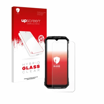 Parte frontale di una confezione del prodotto con il logo del marchio upscreen. Accanto è raffigurato il dispositivo Doogee S1