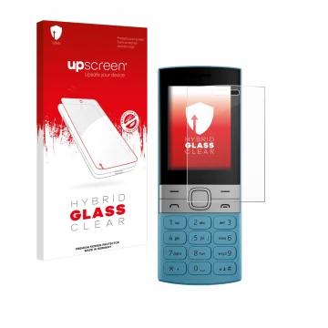 Parte frontale di una confezione del prodotto con il logo del marchio upscreen. Accanto è raffigurato il dispositivo Nokia 150