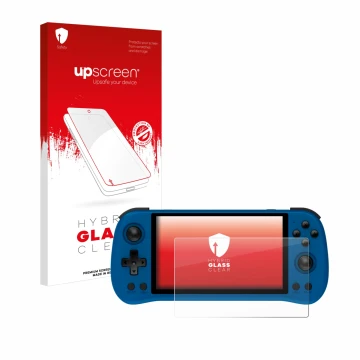 Parte frontale di una confezione del prodotto con il logo del marchio upscreen. Accanto è raffigurato il dispositivo Powkiddy 