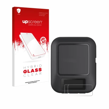 Parte frontale di una confezione del prodotto con il logo del marchio upscreen. Accanto è raffigurato il dispositivo Garmin in