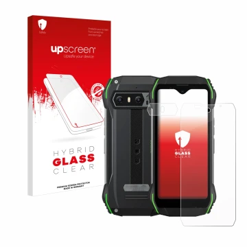 Parte frontale di una confezione del prodotto con il logo del marchio upscreen. Accanto è raffigurato il dispositivo Blackview