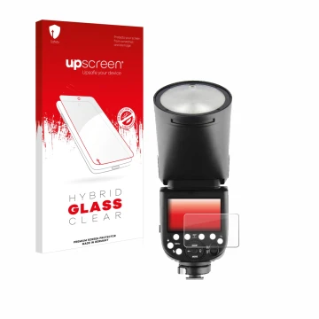 Parte frontale di una confezione del prodotto con il logo del marchio upscreen. Accanto è raffigurato il dispositivo Godox V1 