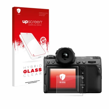 Parte frontale di una confezione del prodotto con il logo del marchio upscreen. Accanto è raffigurato il dispositivo Fujifilm 
