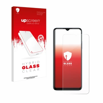 Parte frontale di una confezione del prodotto con il logo del marchio upscreen. Accanto è raffigurato il dispositivo Infinix H