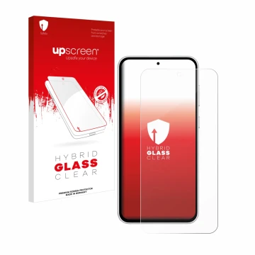 Parte frontale di una confezione del prodotto con il logo del marchio upscreen. Accanto è raffigurato il dispositivo Samsung G