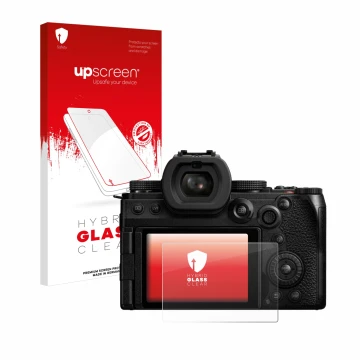 Parte frontale di una confezione del prodotto con il logo del marchio upscreen. Accanto è raffigurato il dispositivo Panasonic