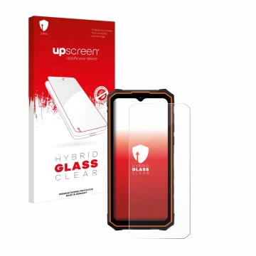 Parte frontale di una confezione del prodotto con il logo del marchio upscreen. Accanto è raffigurato il dispositivo Hotwav Cy