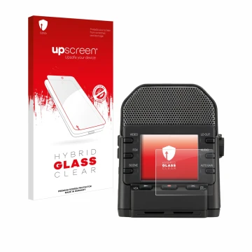 Parte frontale di una confezione del prodotto con il logo del marchio upscreen. Accanto è raffigurato il dispositivo Zoom Q2n-