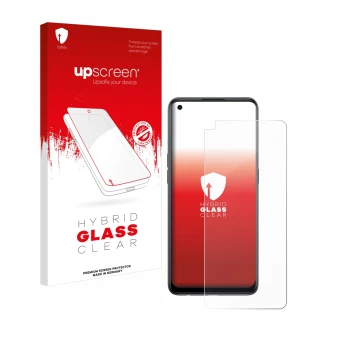 Parte frontale di una confezione del prodotto con il logo del marchio upscreen. Accanto è raffigurato il dispositivo Oppo Reno