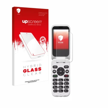 Parte frontale di una confezione del prodotto con il logo del marchio upscreen. Accanto è raffigurato il dispositivo Doro 6820