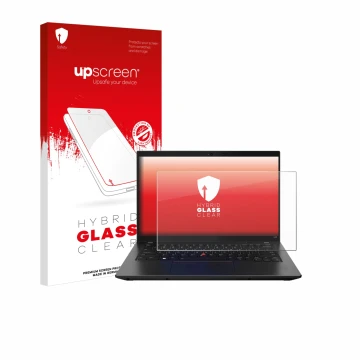 Parte frontale di una confezione del prodotto con il logo del marchio upscreen. Accanto è raffigurato il dispositivo Lenovo Th