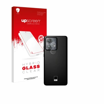 Parte frontale di una confezione del prodotto con il logo del marchio upscreen. Accanto è raffigurato il dispositivo Motorola 