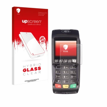 Parte frontale di una confezione del prodotto con il logo del marchio upscreen. Accanto è raffigurato il dispositivo ingenico 