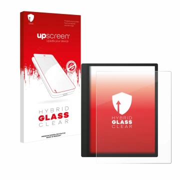 Parte frontale di una confezione del prodotto con il logo del marchio upscreen. Accanto è raffigurato il dispositivo Boox Tab 