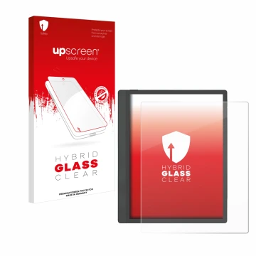 Parte frontale di una confezione del prodotto con il logo del marchio upscreen. Accanto è raffigurato il dispositivo Boox Tab 