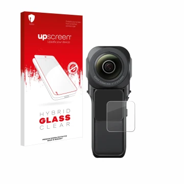Parte frontale di una confezione del prodotto con il logo del marchio upscreen. Accanto è raffigurato il dispositivo Insta360 