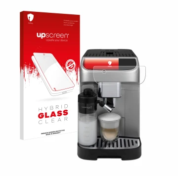 Parte frontale di una confezione del prodotto con il logo del marchio upscreen. Accanto è raffigurato il dispositivo DeLonghi 