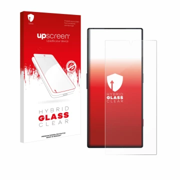 Parte frontale di una confezione del prodotto con il logo del marchio upscreen. Accanto è raffigurato il dispositivo ZTE Nubia