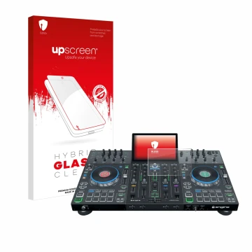 Parte frontale di una confezione del prodotto con il logo del marchio upscreen. Accanto è raffigurato il dispositivo Denon DJ 