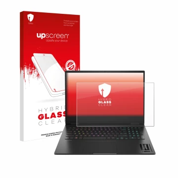 Parte frontale di una confezione del prodotto con il logo del marchio upscreen. Accanto è raffigurato il dispositivo HP Omen 1