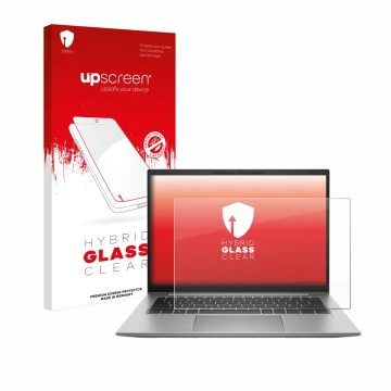 Parte frontale di una confezione del prodotto con il logo del marchio upscreen. Accanto è raffigurato il dispositivo HP Zbook 