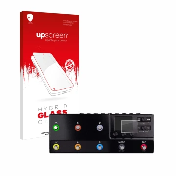 Parte frontale di una confezione del prodotto con il logo del marchio upscreen. Accanto è raffigurato il dispositivo Line 6 hx