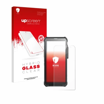 Parte frontale di una confezione del prodotto con il logo del marchio upscreen. Accanto è raffigurato il dispositivo RugGear R