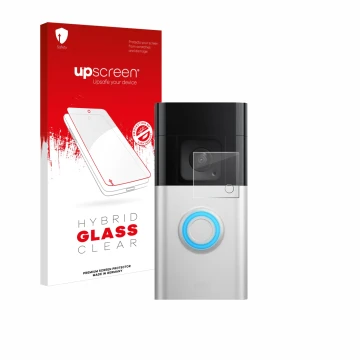 Parte frontale di una confezione del prodotto con il logo del marchio upscreen. Accanto è raffigurato il dispositivo Ring Vide