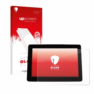 Parte frontale di una confezione del prodotto con il logo del marchio upscreen. Accanto è raffigurato il dispositivo Trimble X