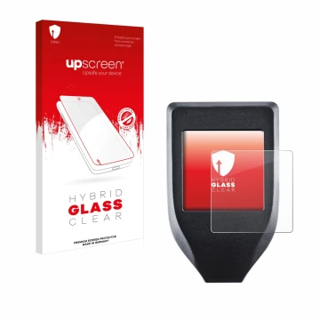 Parte frontale di una confezione del prodotto con il logo del marchio upscreen. Accanto è raffigurato il dispositivo Trezor Mo