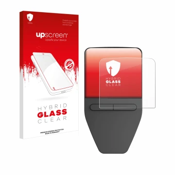 Parte frontale di una confezione del prodotto con il logo del marchio upscreen. Accanto è raffigurato il dispositivo Trezor Sa
