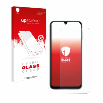 Parte frontale di una confezione del prodotto con il logo del marchio upscreen. Accanto è raffigurato il dispositivo Samsung G