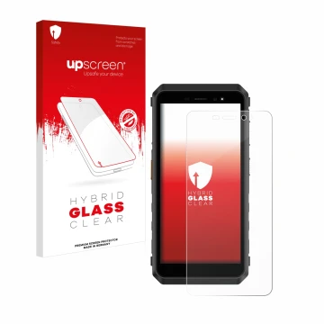 Parte frontale di una confezione del prodotto con il logo del marchio upscreen. Accanto è raffigurato il dispositivo Ulefone P