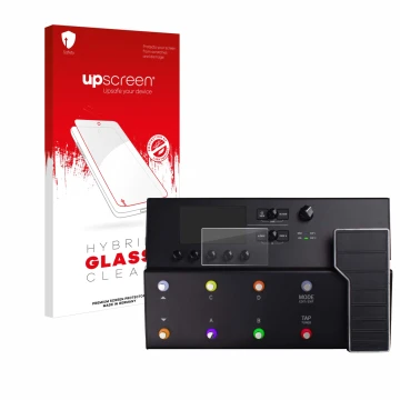 Parte frontale di una confezione del prodotto con il logo del marchio upscreen. Accanto è raffigurato il dispositivo Line 6 PO