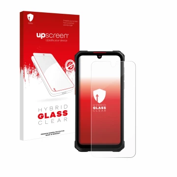 Parte frontale di una confezione del prodotto con il logo del marchio upscreen. Accanto è raffigurato il dispositivo Hotwav Cy
