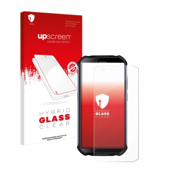 Parte frontale di una confezione del prodotto con il logo del marchio upscreen. Accanto è raffigurato il dispositivo Doogee S4