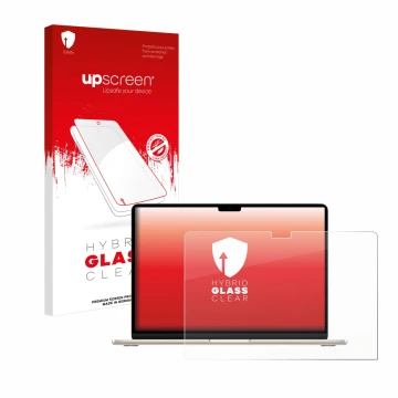 Parte frontale di una confezione del prodotto con il logo del marchio upscreen. Accanto è raffigurato il dispositivo Apple Mac