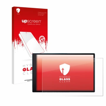 Parte frontale di una confezione del prodotto con il logo del marchio upscreen. Accanto è raffigurato il dispositivo Garmin Dr