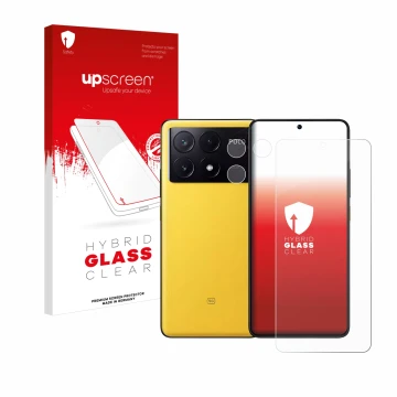 Parte frontale di una confezione del prodotto con il logo del marchio upscreen. Accanto è raffigurato il dispositivo Xiaomi Po