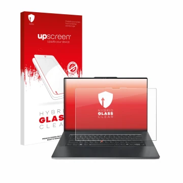 Parte frontale di una confezione del prodotto con il logo del marchio upscreen. Accanto è raffigurato il dispositivo Lenovo Th