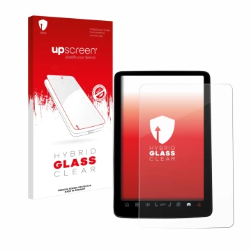 Parte frontale di una confezione del prodotto con il logo del marchio upscreen. Accanto è raffigurato il dispositivo Volvo EX3