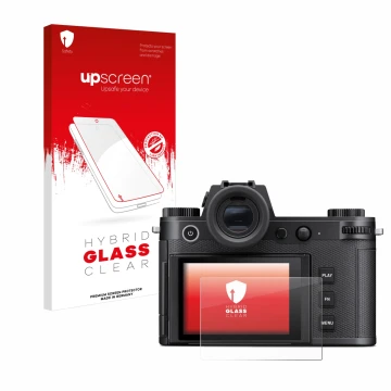 Parte frontale di una confezione del prodotto con il logo del marchio upscreen. Accanto è raffigurato il dispositivo Leica SL3