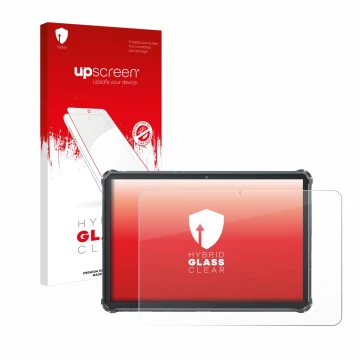Parte frontale di una confezione del prodotto con il logo del marchio upscreen. Accanto è raffigurato il dispositivo Oukitel R
