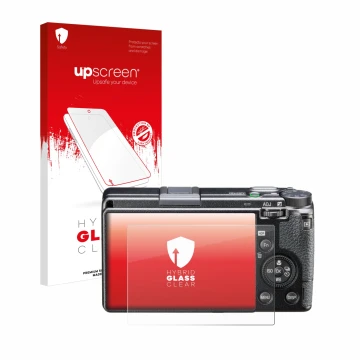Parte frontale di una confezione del prodotto con il logo del marchio upscreen. Accanto è raffigurato il dispositivo Ricoh GR 