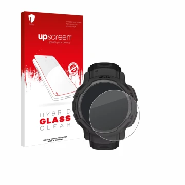 Parte frontale di una confezione del prodotto con il logo del marchio upscreen. Accanto è raffigurato il dispositivo Garmin In