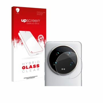 Parte frontale di una confezione del prodotto con il logo del marchio upscreen. Accanto è raffigurato il dispositivo Xiaomi 14