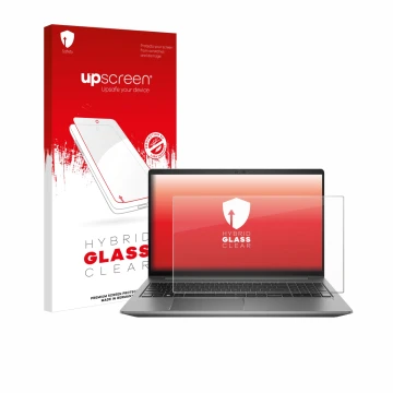 Parte frontale di una confezione del prodotto con il logo del marchio upscreen. Accanto è raffigurato il dispositivo HP Zbook 